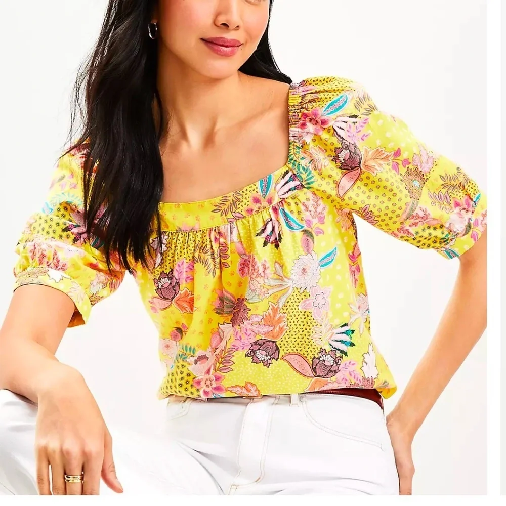 LOFT Floral Yellow floral patchwork Blouse puff sleeves linen‎ blend top Sz XL